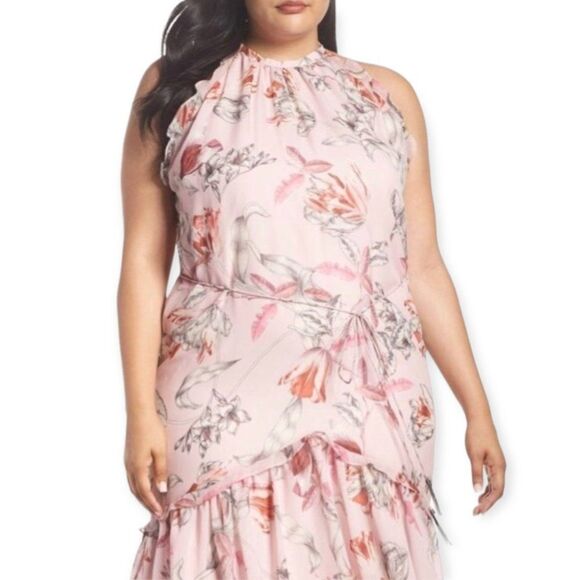 Sleeveless Round Neckline Pink Floral Ruffle Trim Midi Dress NEW - Picture 1 of 4